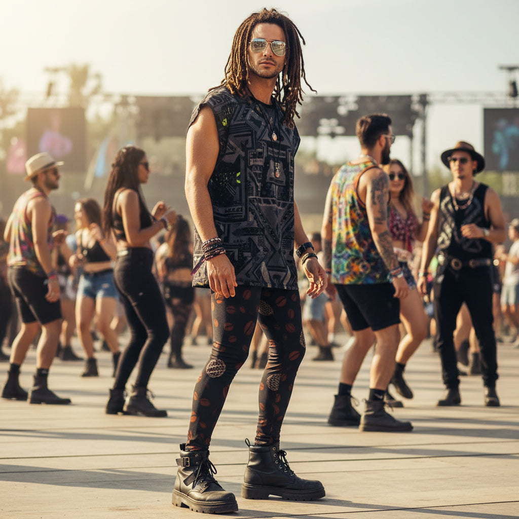 Sacred Grounds Men's Festival Leggings side view with trippy visionary art