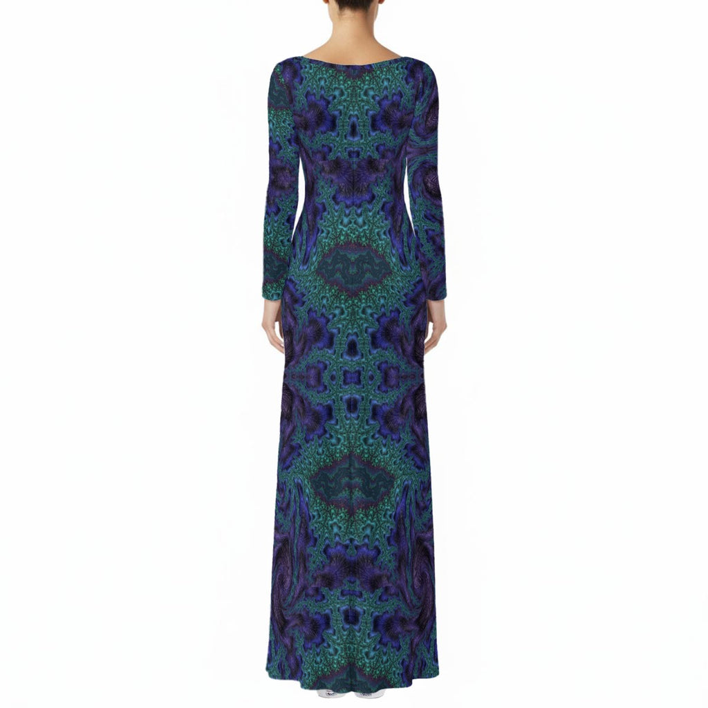 Feathery Fractal women's long sleeve velvet dress side view with trippy festival style