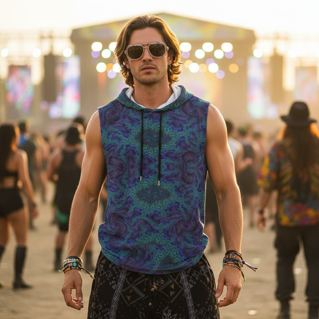Blue Feathery Fractal Cotton Sleeveless Pullover Hoodie Vest