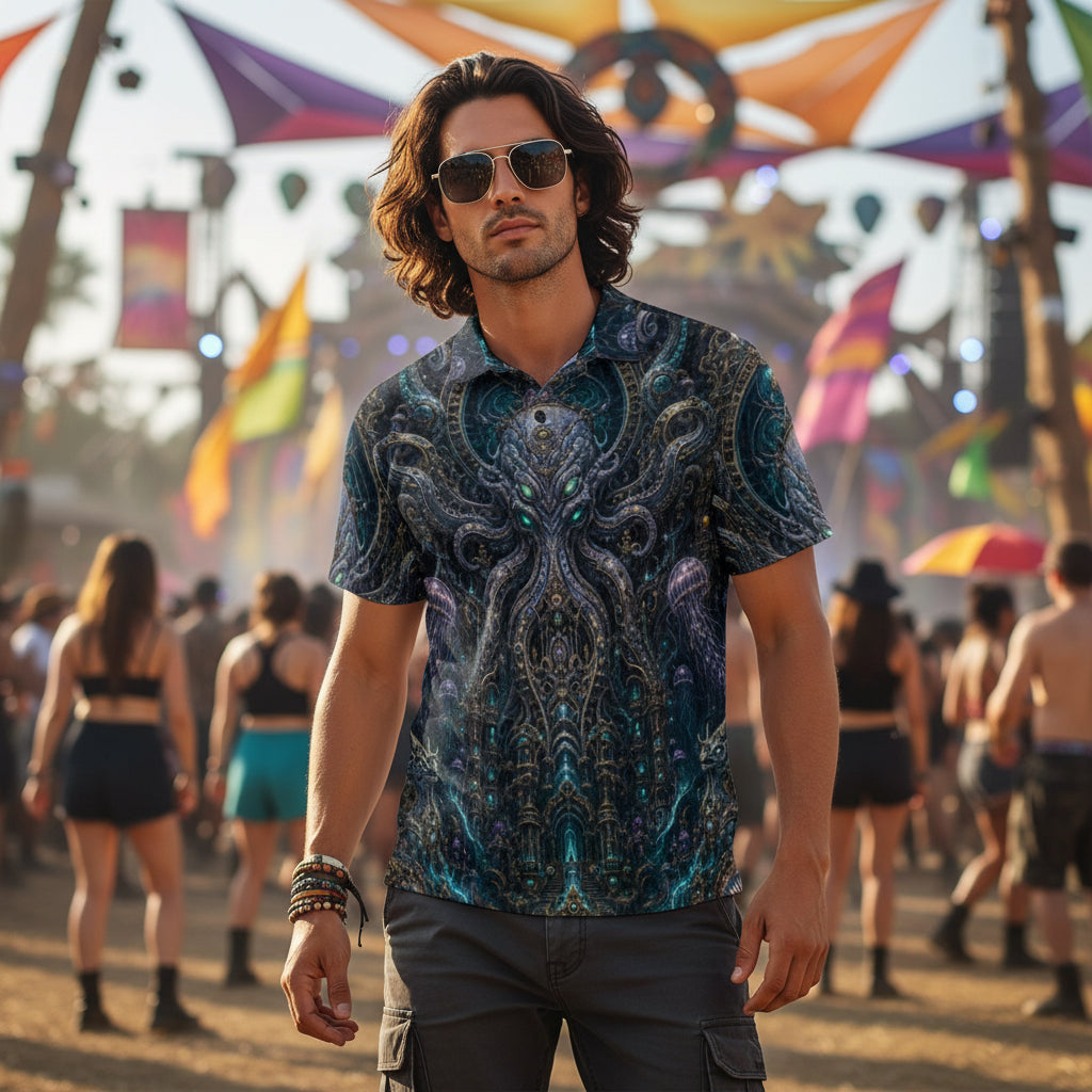 Crushed Velvet Men's Polo Shirt | Mechanical Kraken