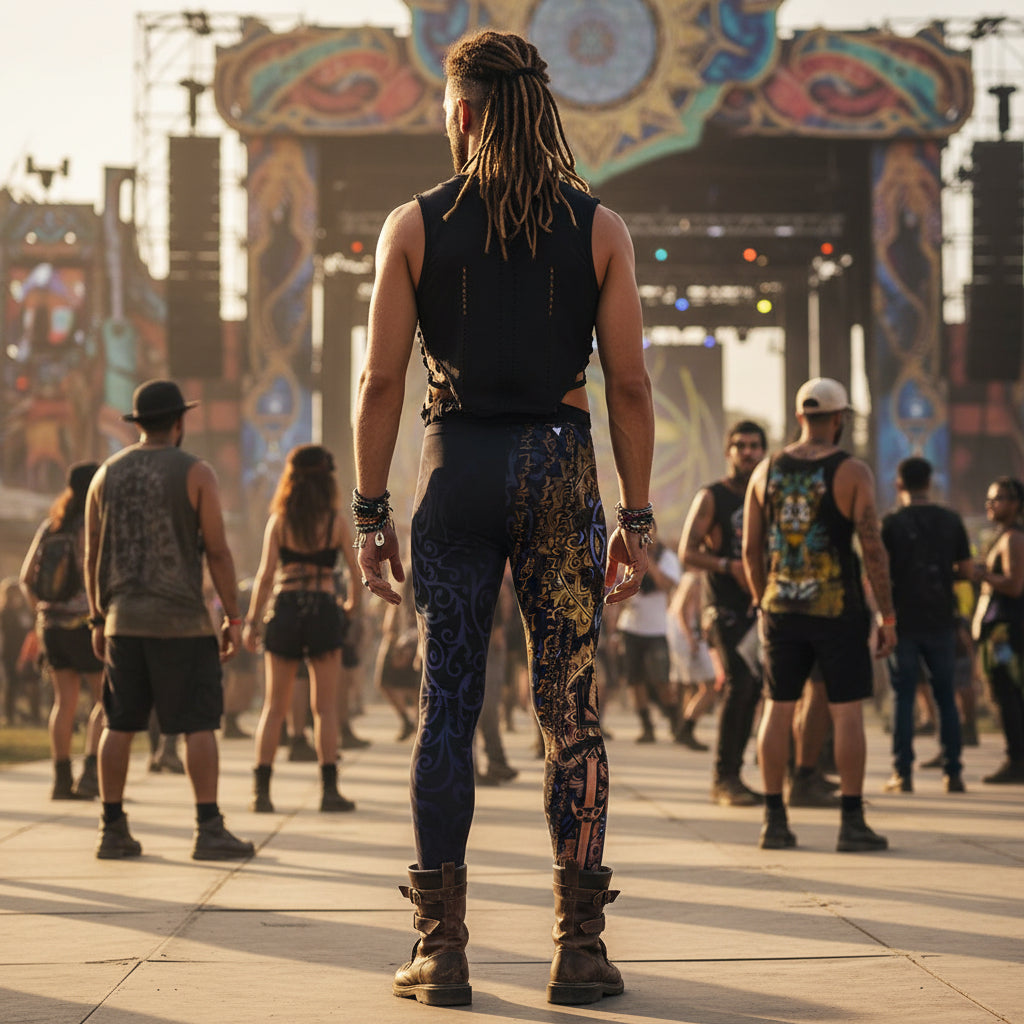 Enochian Vision Men's Festival Leggings detail view with festival layering