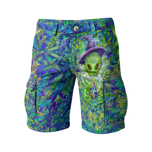 Alien Wizard Stoner men's cargo shorts front view with psychedelic artwork