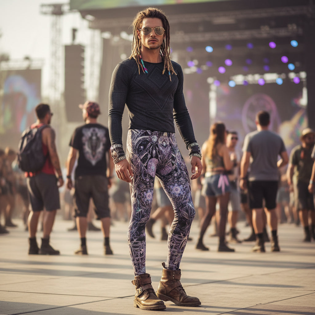 Comic Cross Silver Men's Festival Leggings side view with psychedelic art