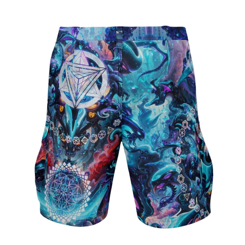 Alien Cyber Punk Mech men's cargo shorts front view with cyberpunk psychedelic artwork