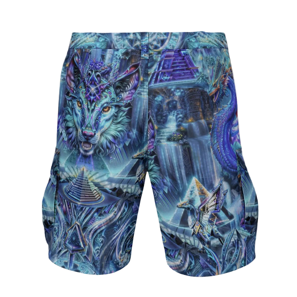 Dreamweaver men's cargo shorts side view with trippy festival design