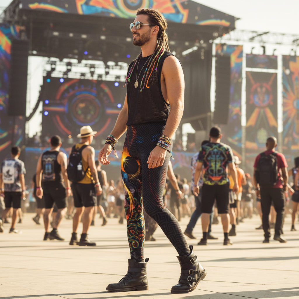 Solar Eclipse Men's Festival Leggings side view with psychedelic art