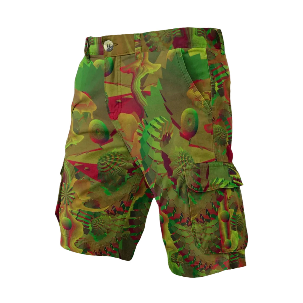 Shroom Flower of Life Green men's cargo shorts front view with psychedelic festival print