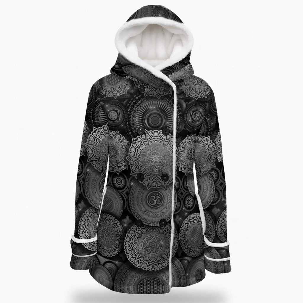 Void Mandala women's winter coat front detail with double-breasted outerwear styling