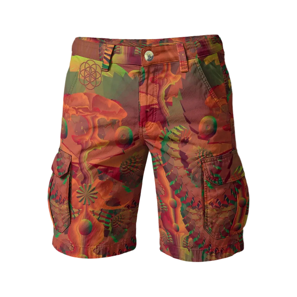 Shroom Flower of Life Red men's cargo shorts front view with psychedelic festival print