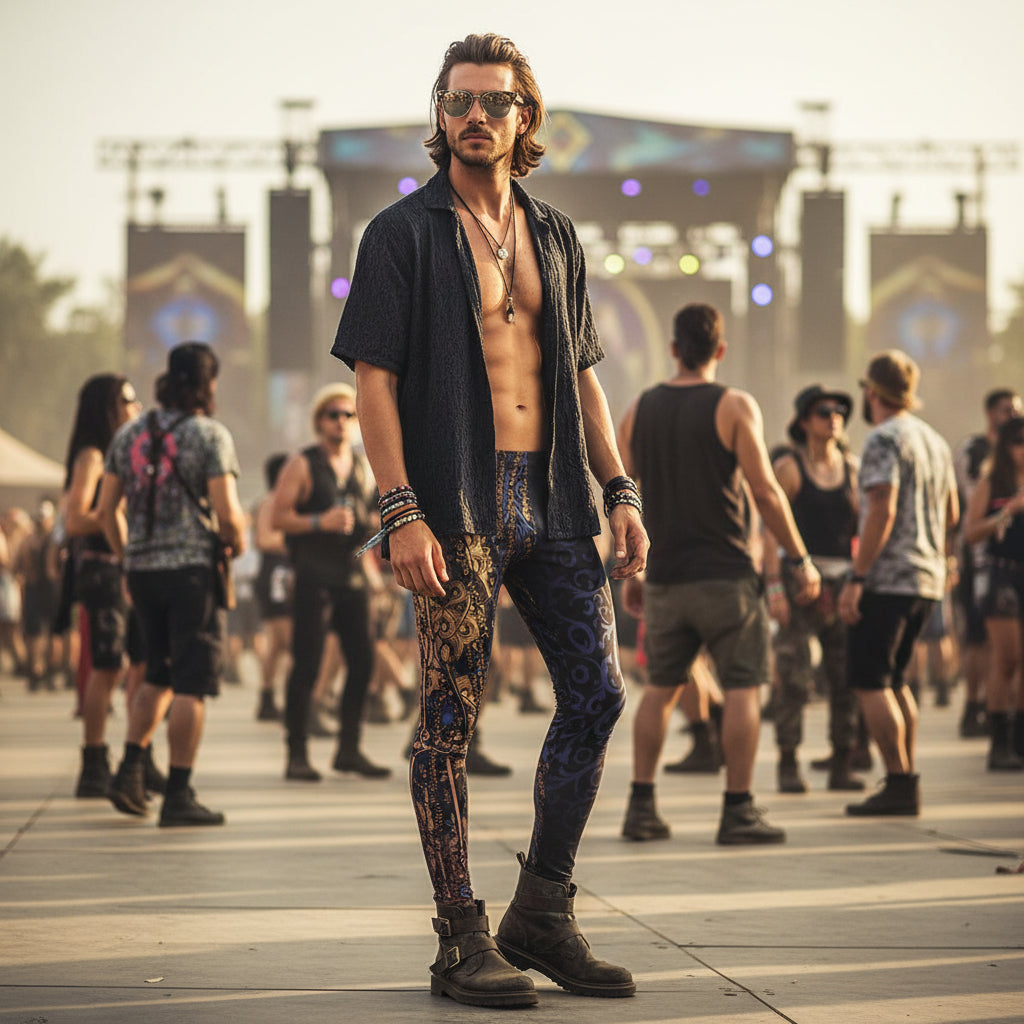 Enochian Vision Men's Festival Leggings side view with occult-inspired art