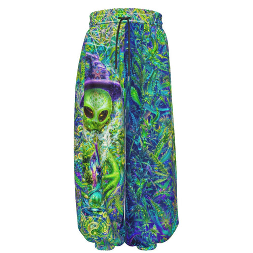 Alien Wizard Stoner men's lantern pants front view with psychedelic festival print