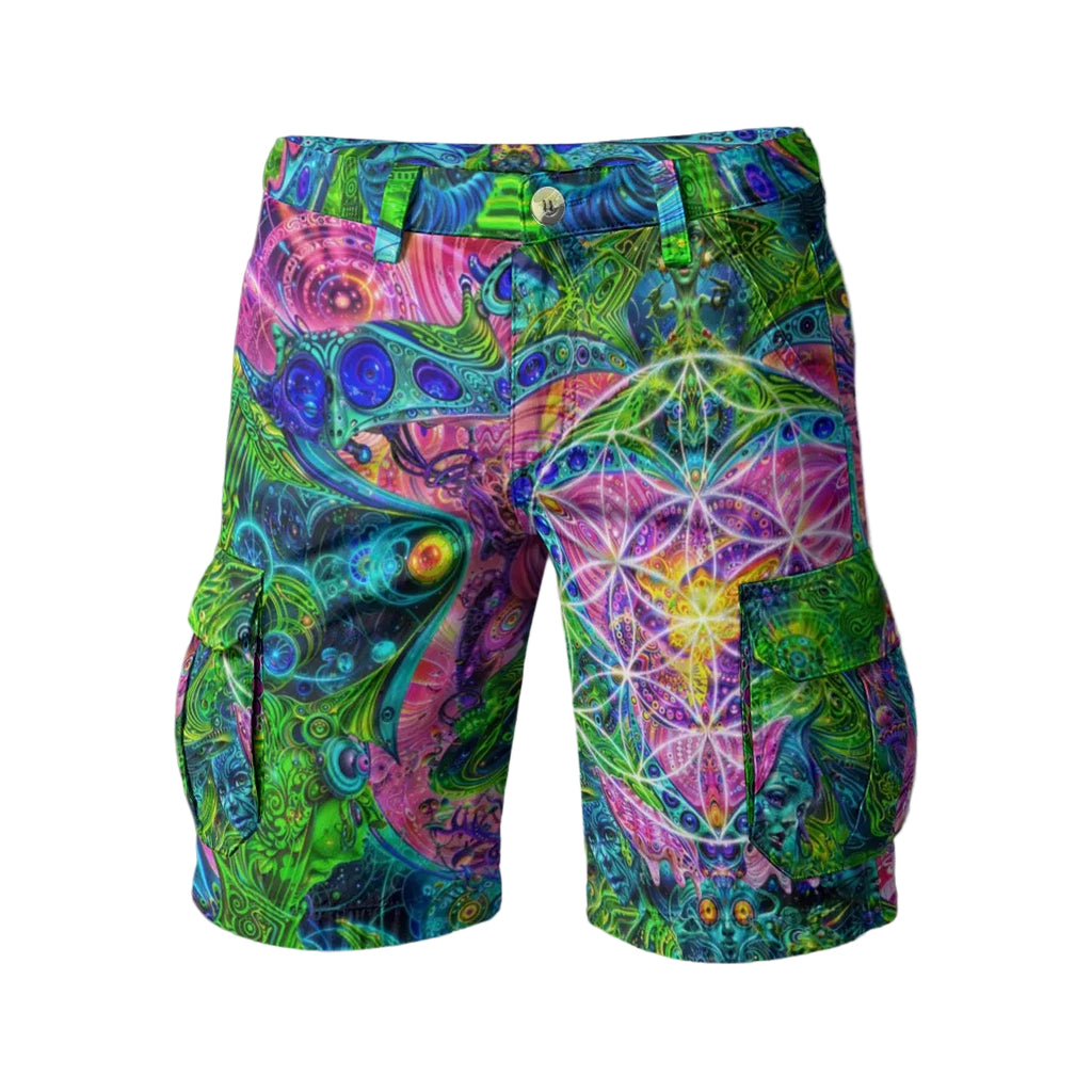 Psy Tribal Shroom men's cargo shorts front view with psychedelic festival print