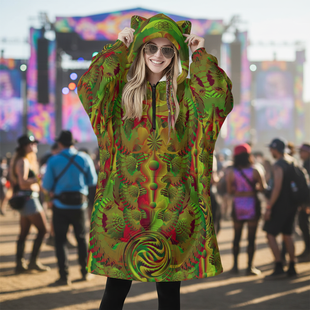 Hooded Blanket w/ Ears | Shroom Flower of Life Green