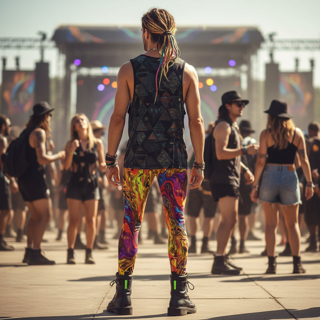 Liquid Fire Men's Festival Leggings back view with burner fashion