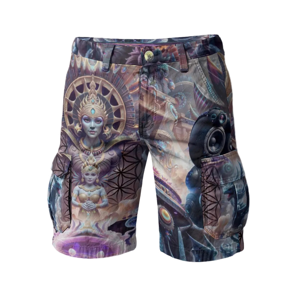 Temple of Sound men's cargo shorts front view with psychedelic artwork
