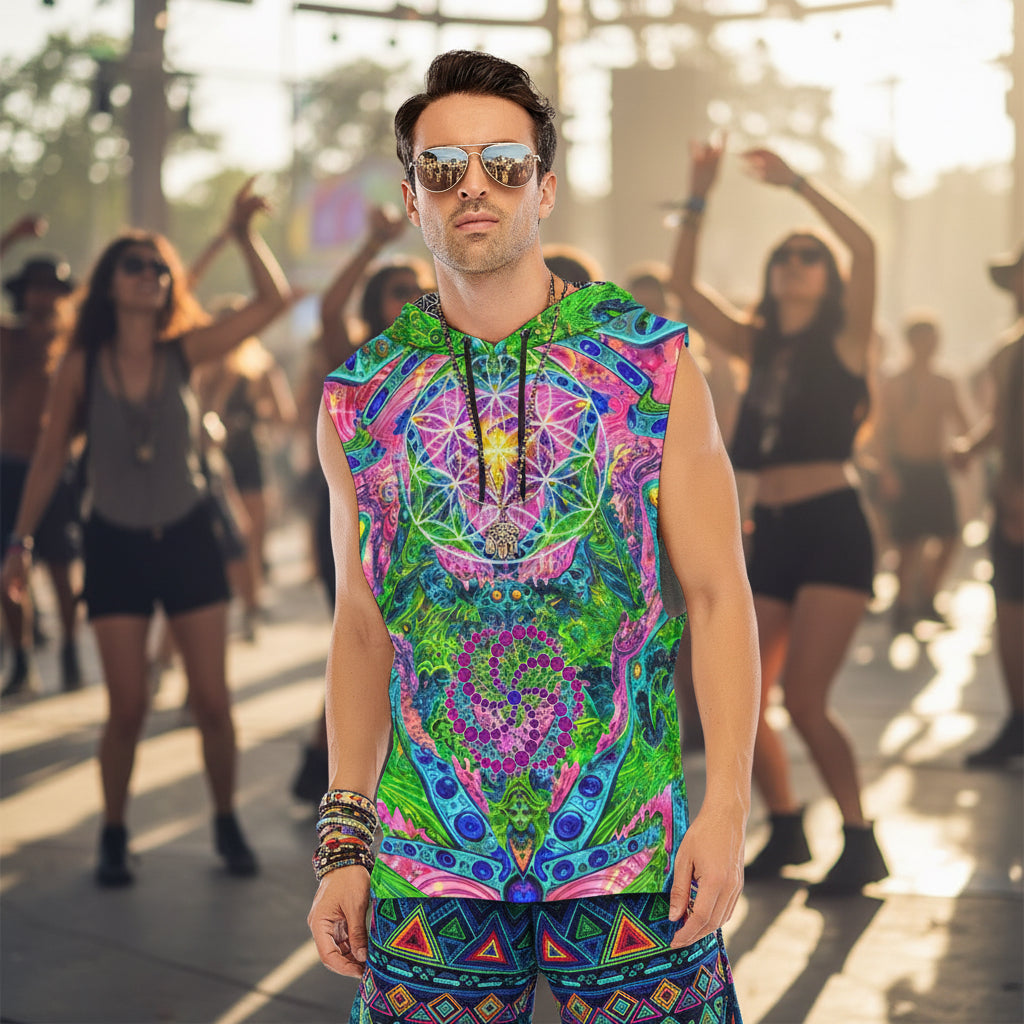 Psy Tribal Shroom men's sleeveless rave hoodie detail view with psychedelic design