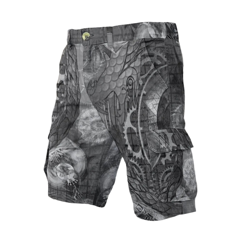 The Watchtowers men's cargo shorts front view with psychedelic festival print