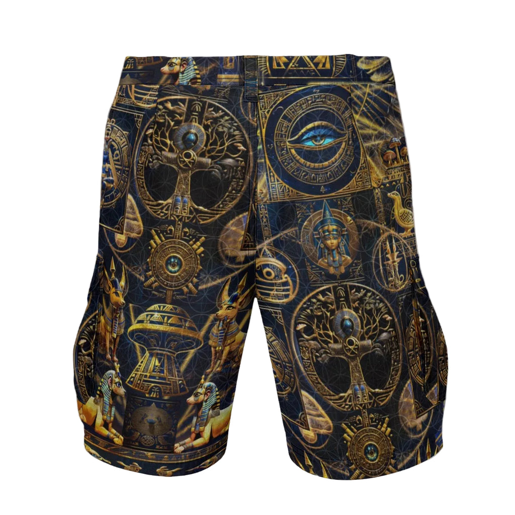 Egyptian Atlantis men's cargo shorts side view with trippy festival design