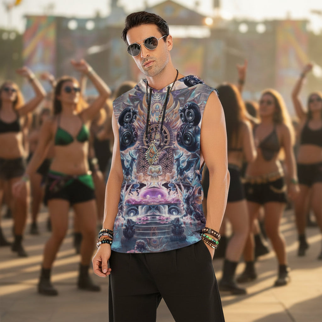 Temple of Sound men's festival hoodie back view with trippy pattern