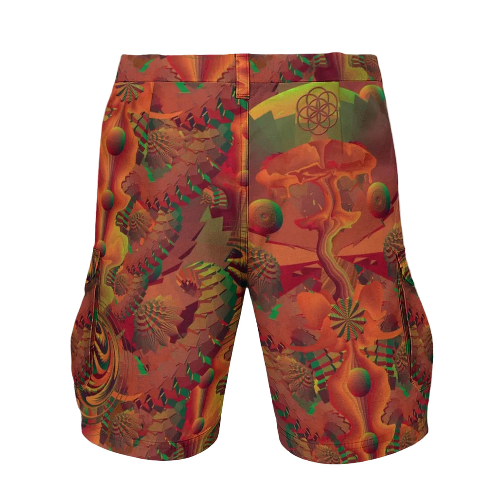Shroom Flower of Life Red men's cargo shorts side view with trippy rave style