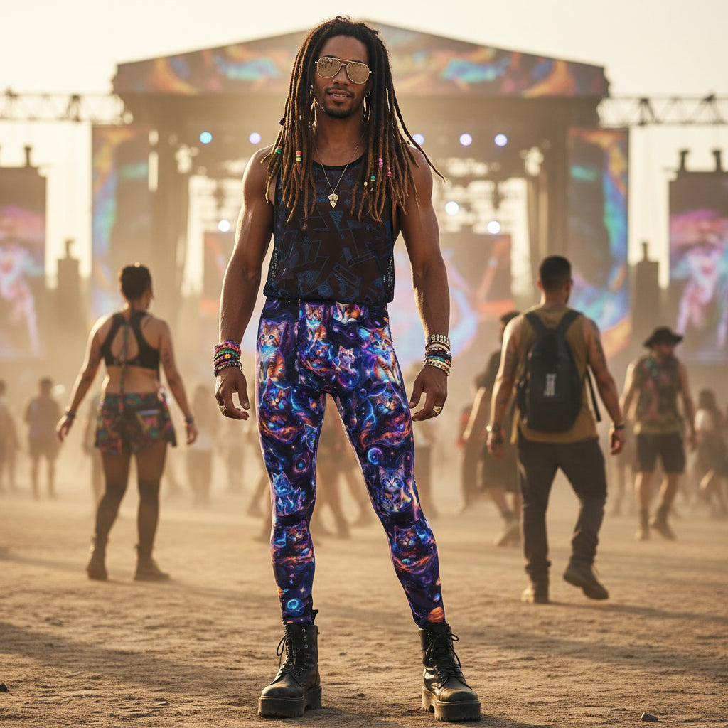 Cosmic Space Cats Men's Festival Leggings side view with visionary art