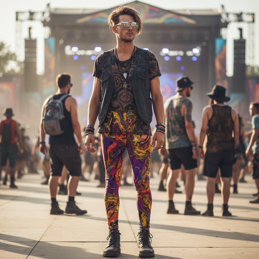 Liquid Fire Men's Festival Leggings front view with psychedelic leggings