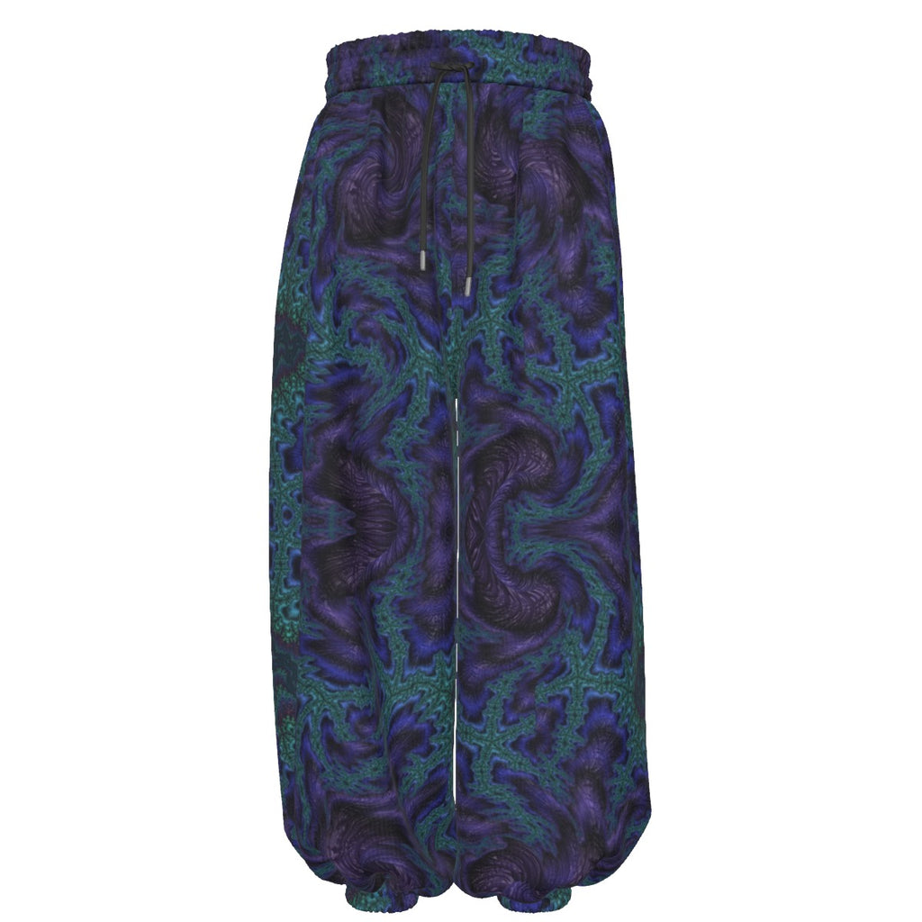 Feathery Fractal men's lantern pants side view with trippy rave style