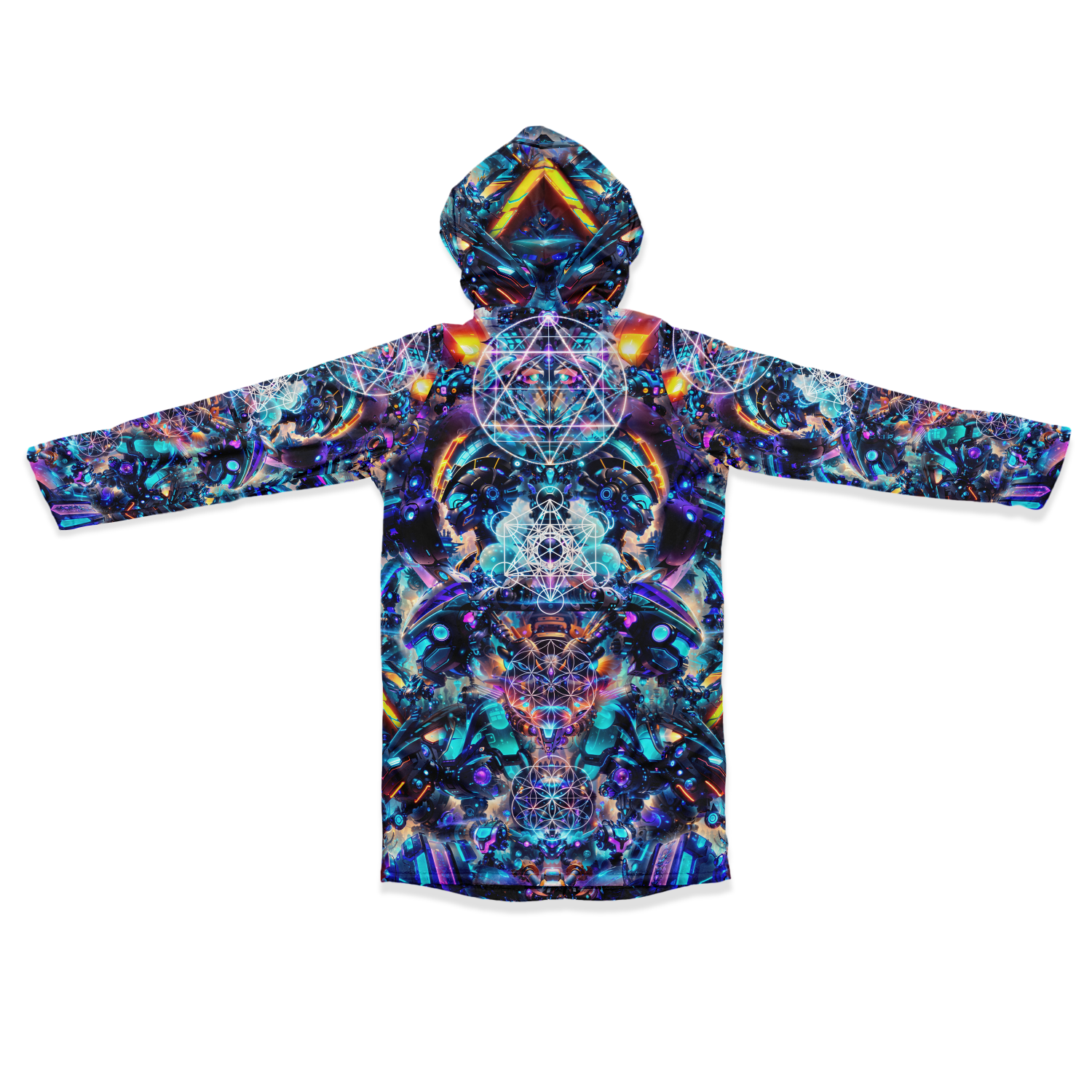 Cyber Punk Mech Festival Cloak side view with trippy visionary art
