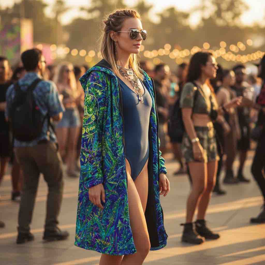 Wizard Stoner Alien Women's Festival Cloak side view with trippy visionary art