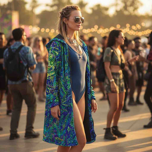Wizard Stoner Alien Women's Festival Cloak side view with trippy visionary art