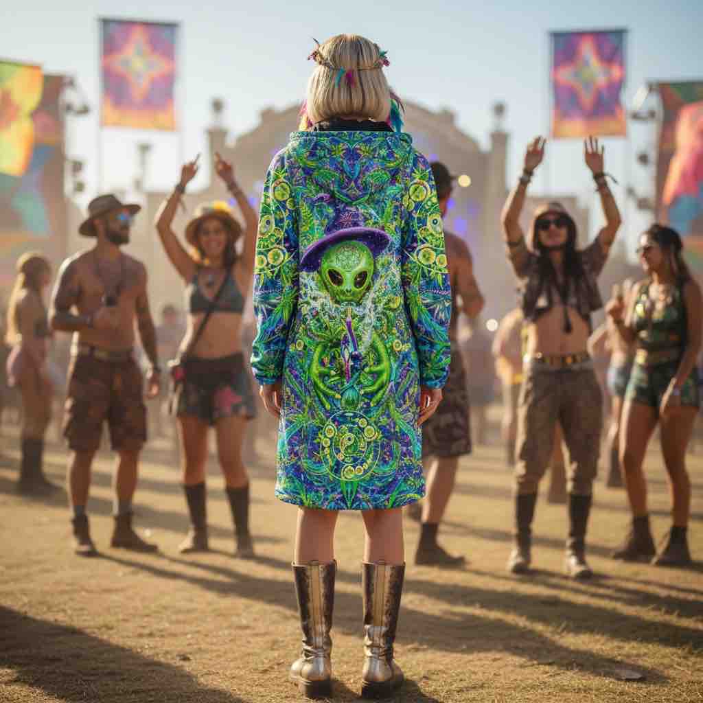 Wizard Stoner Alien Women's Festival Cloak detail view with festival fashion