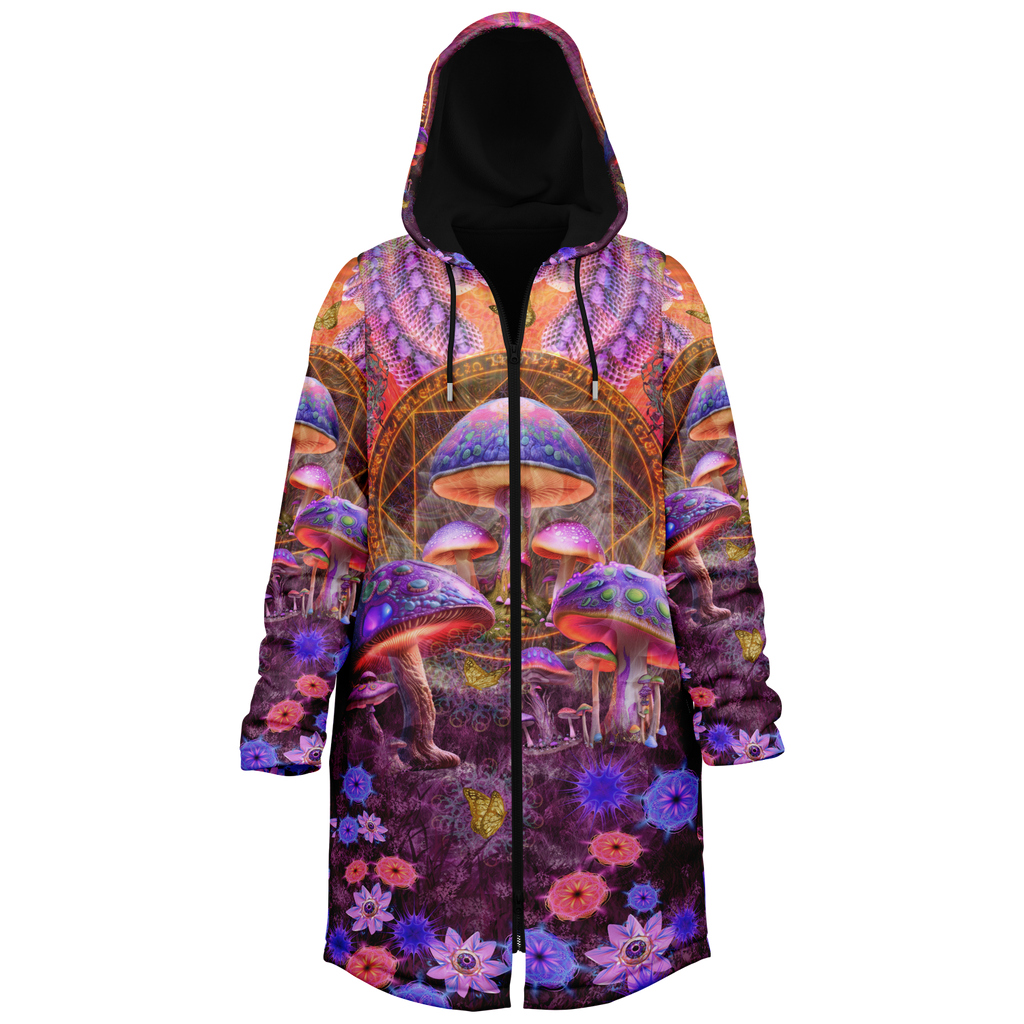 Shroom Rx Pink Women's Festival Cloak side view with psychedelic art