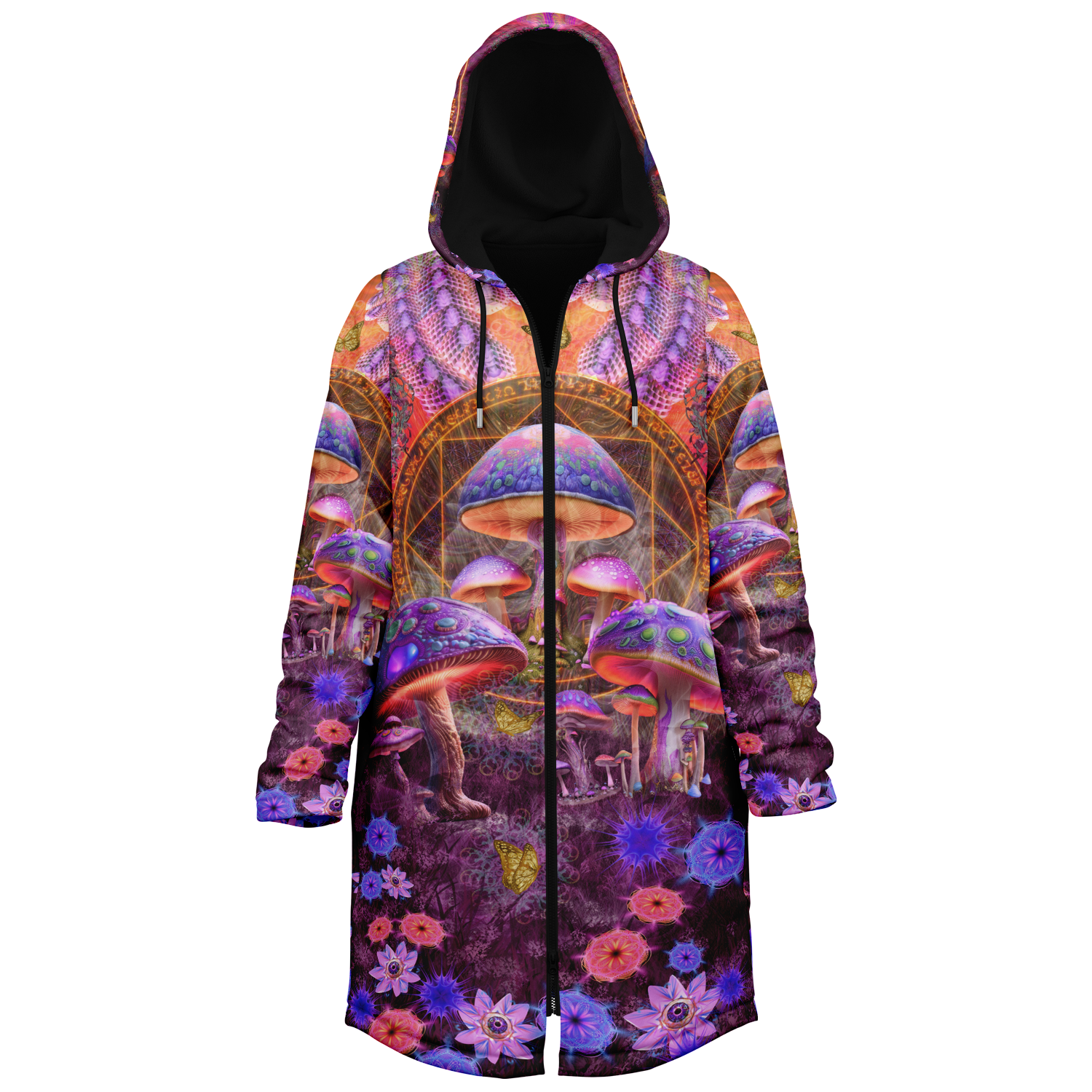 Shroom Rx Pink Women's Festival Cloak side view with psychedelic art