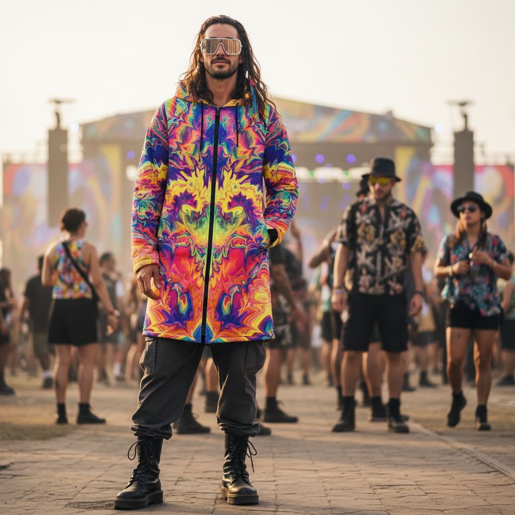 Windowpane Men's Festival Cloak side view with psychedelic art