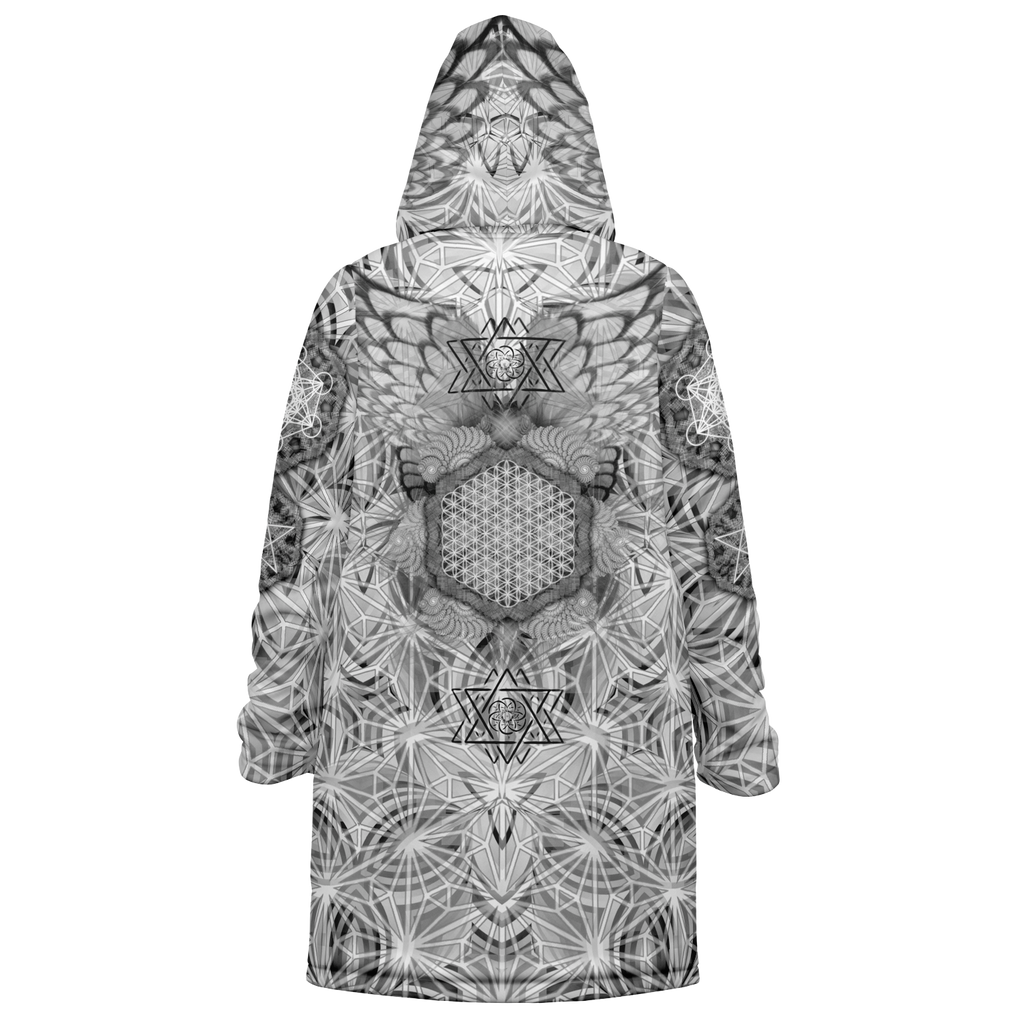 Angel Catcher Light Gray Men's Festival Cloak detail view with psychedelic festival art