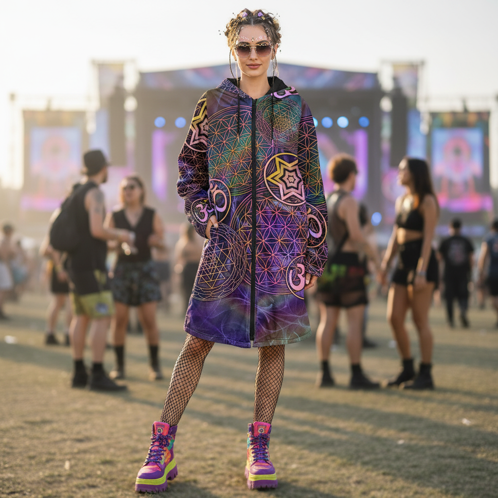 Sacred Geo Women's Festival Cloak side view with occult-inspired art