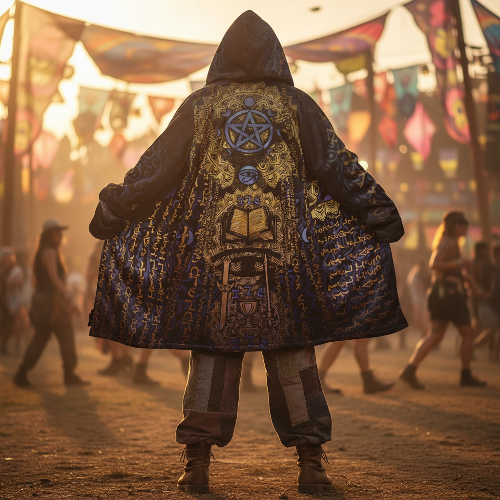 Enochian Vision Blue Men's Festival Cloak front view with psychedelic cloak