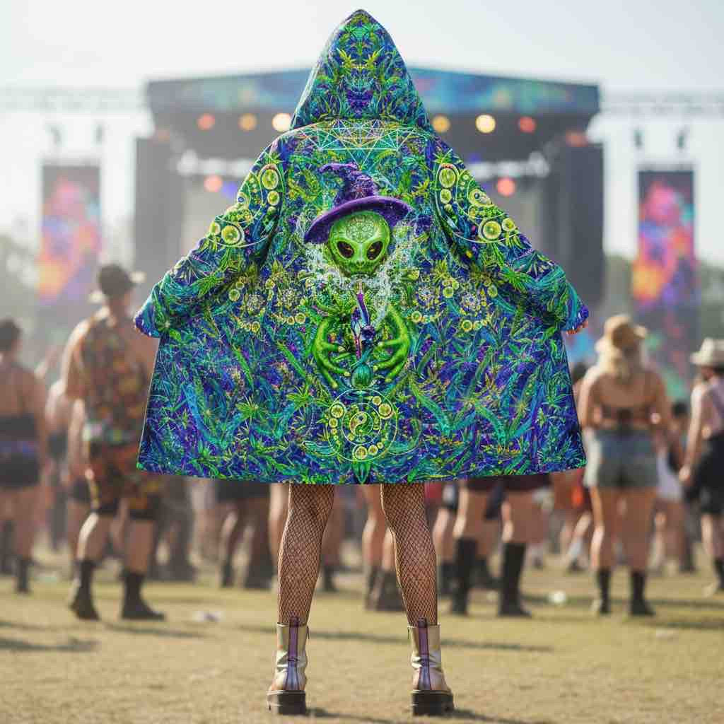 Wizard Stoner Alien Women's Festival Cloak front view with psychedelic cloak