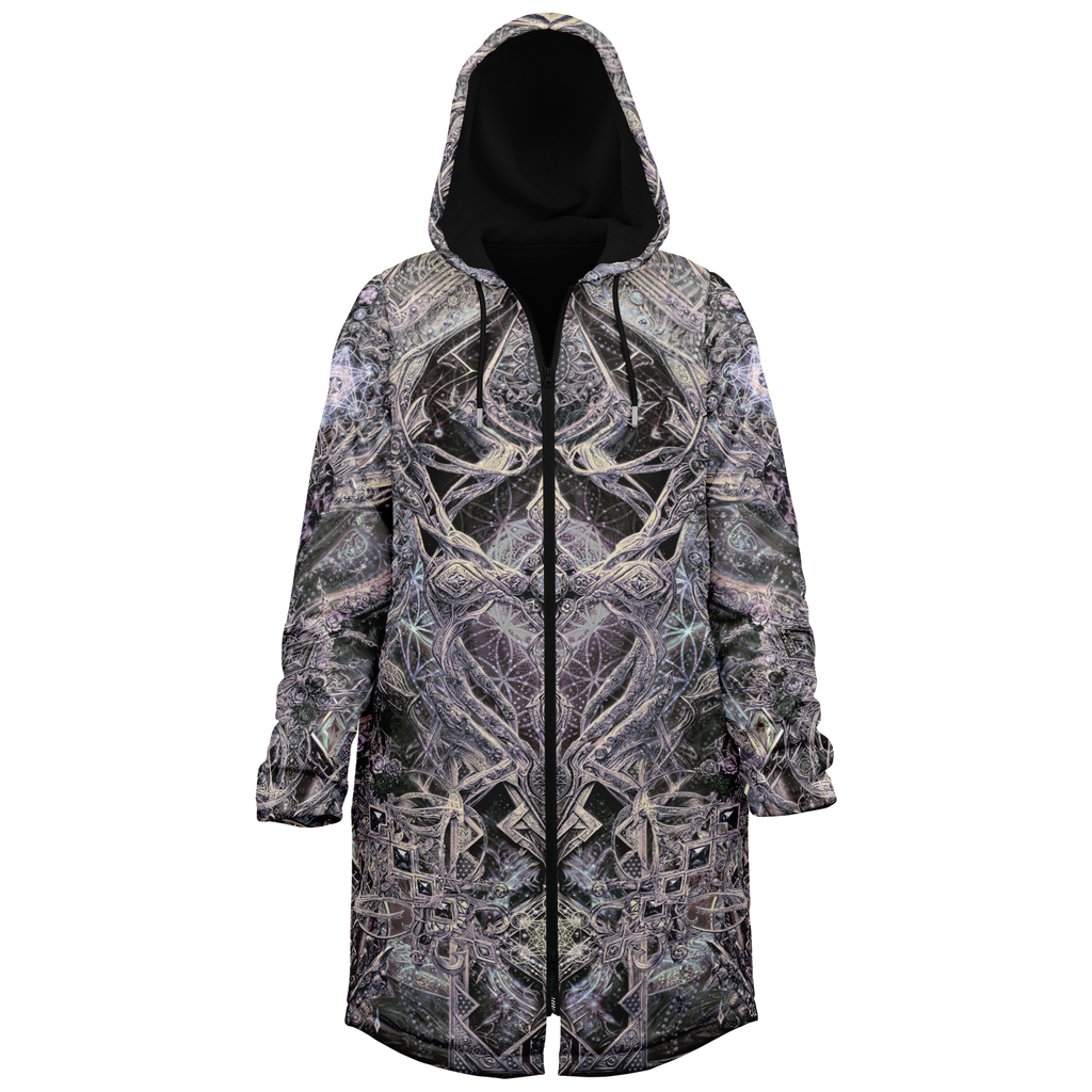Cosmic Cross Silver Men's Festival Cloak side view with occult-inspired art