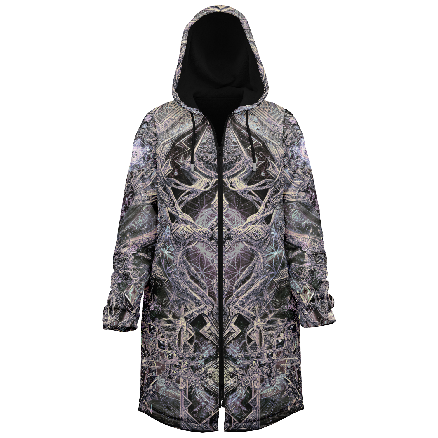 Cosmic Cross Silver Men's Festival Cloak side view with occult-inspired art