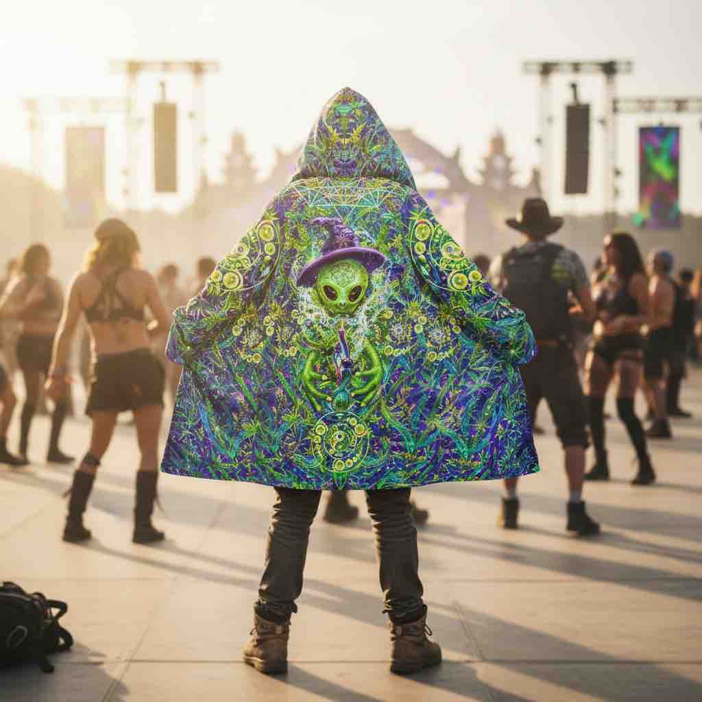 Wizard Stoner Alien Men's Festival Cloak front view with mystical clothing and wizard stoner alien artwork