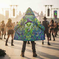 Wizard Stoner Alien Men's Festival Cloak front view with mystical clothing and wizard stoner alien artwork