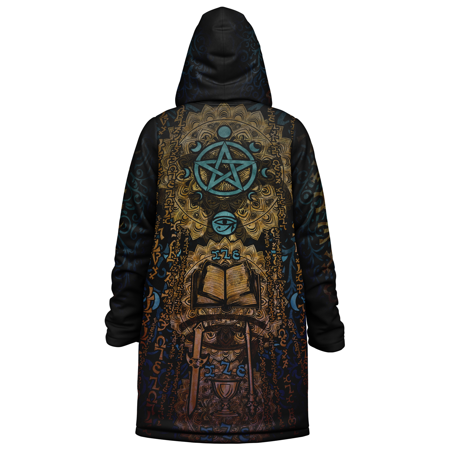Enochian Vision Teal Men's Festival Cloak detail view with festival fashion