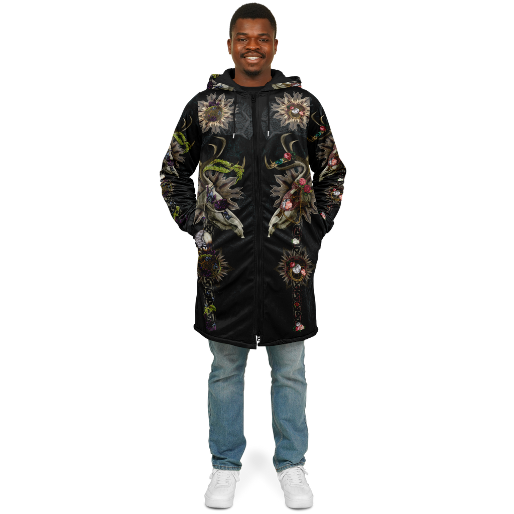 Forest Wizard Men’s Festival Cloak front view with mystical festival art