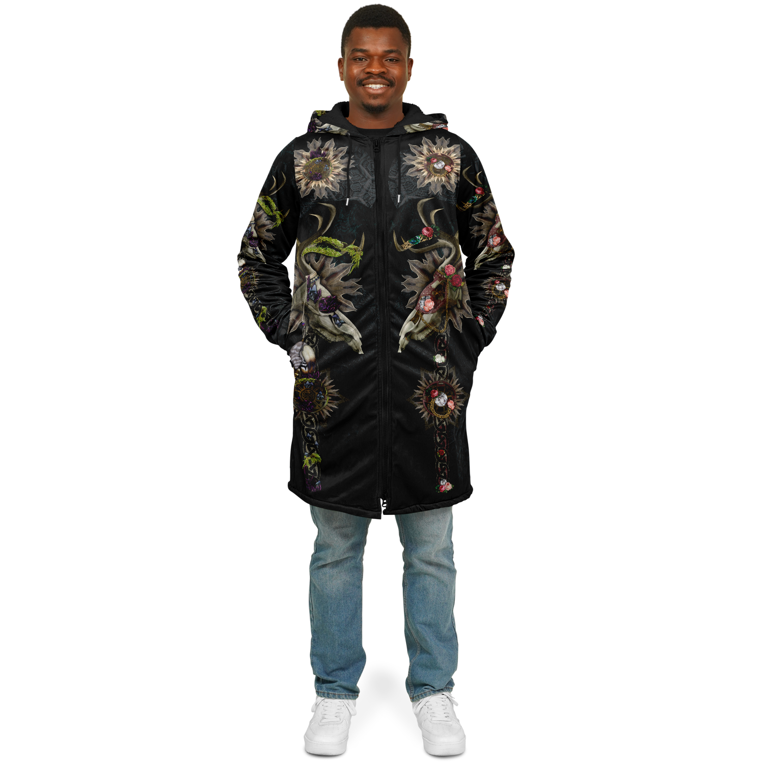 Forest Wizard Men’s Festival Cloak front view with mystical festival art