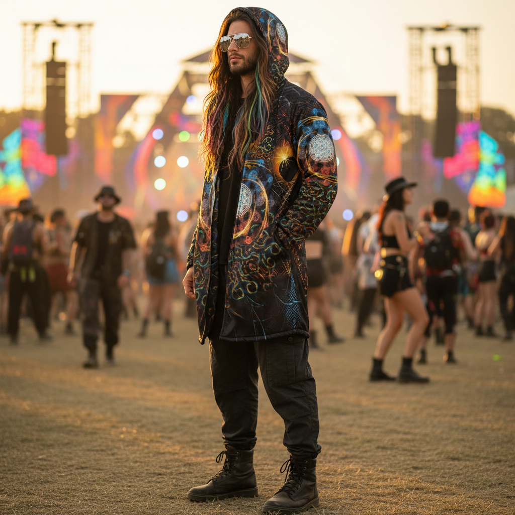 Solar Eclipse Men's Festival Cloak detail view with mystical style