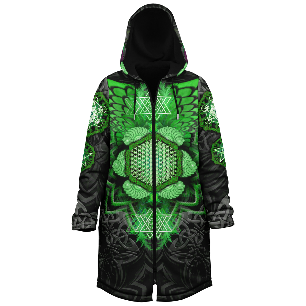 Angel Catcher Green Men's Festival Cloak back view with psychedelic festival art