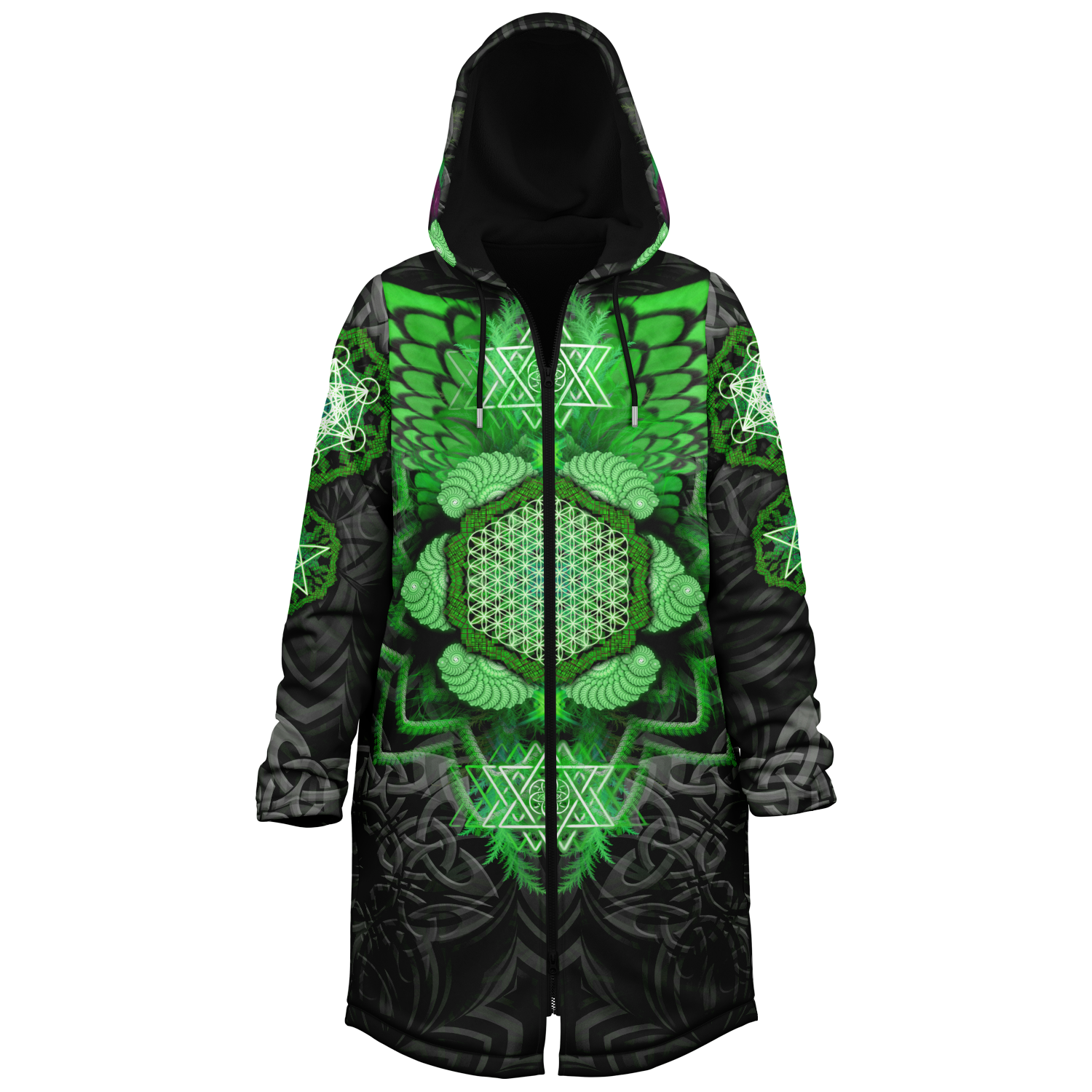 Angel Catcher Green Men's Festival Cloak back view with psychedelic festival art