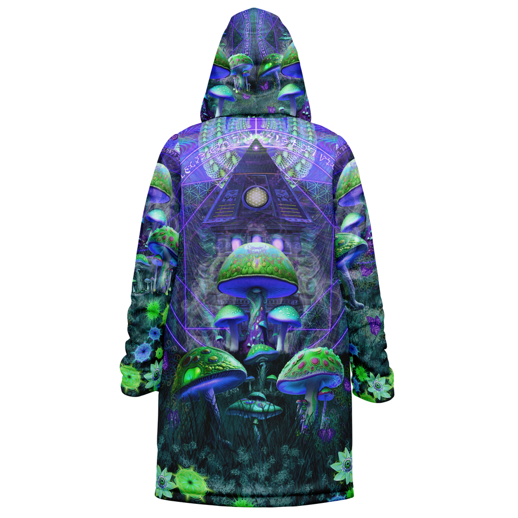 Shroom Rx Blue Men's Festival Cloak back view with psytrance events