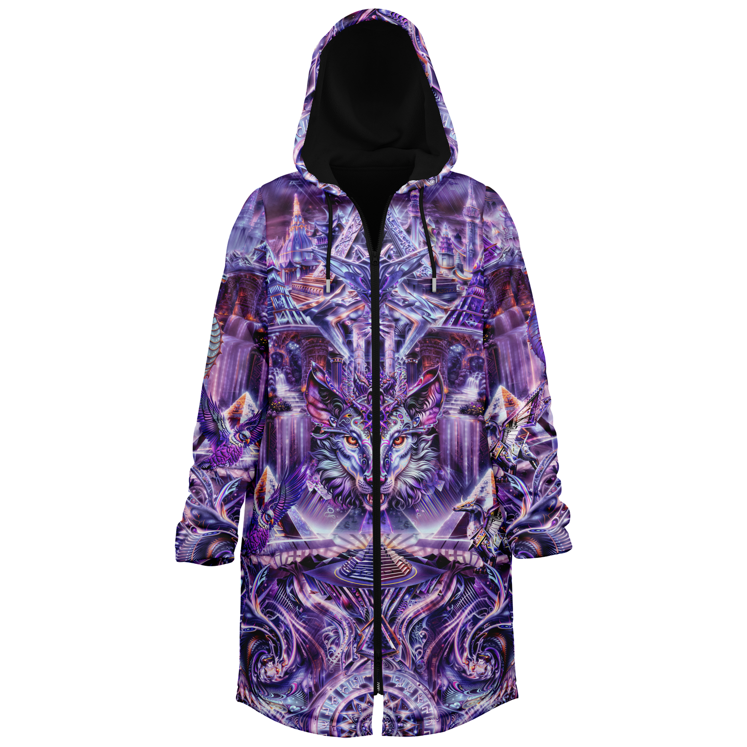 Dream Weaver Purple Men's Festival Cloak back view with psychedelic festival art